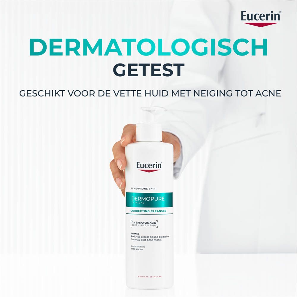 Witte fles met pomp. Eucerin Dermopure Clinical. Voorkant met tekst en logo.