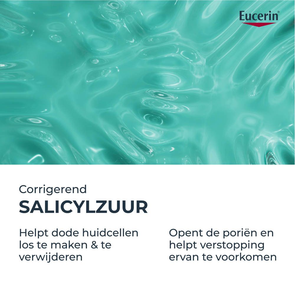 Witte fles met pomp. Eucerin Dermopure Clinical. Voorkant met tekst en logo.