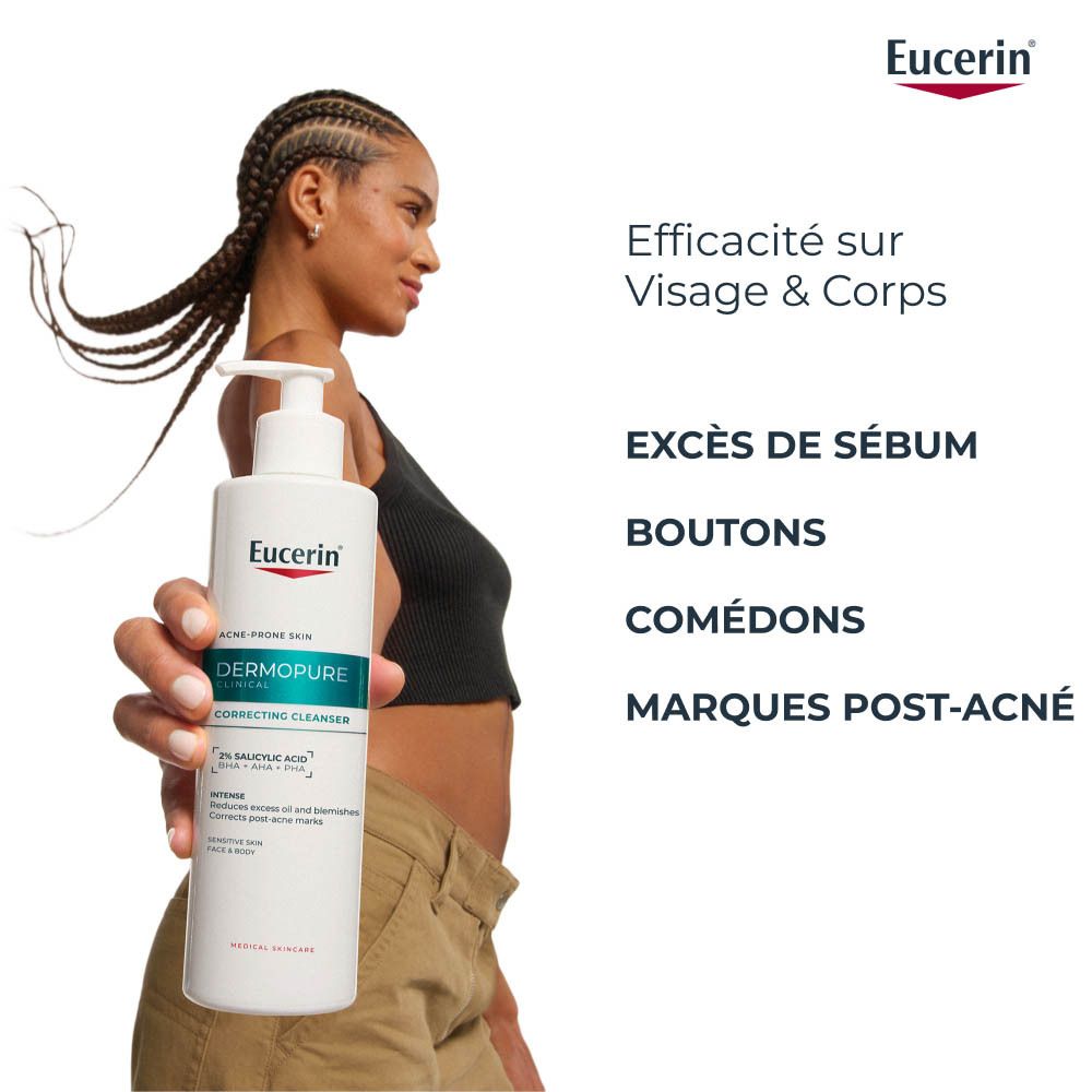 Trois produits: Nettoyant, Triple Action, Sun Oil Control. Eucerin Dermopure.