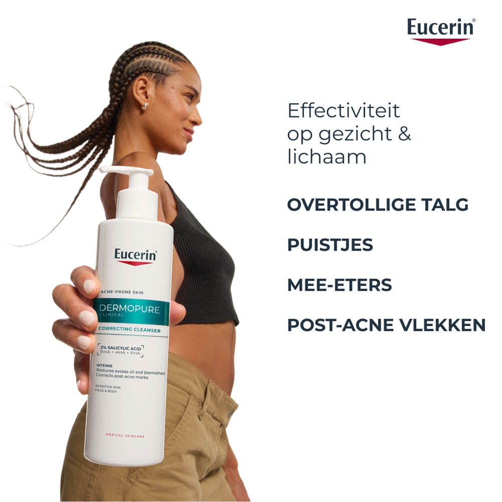 Drie producten: Reiniger, Triple Action, Sun Oil Control. Eucerin Dermopure.