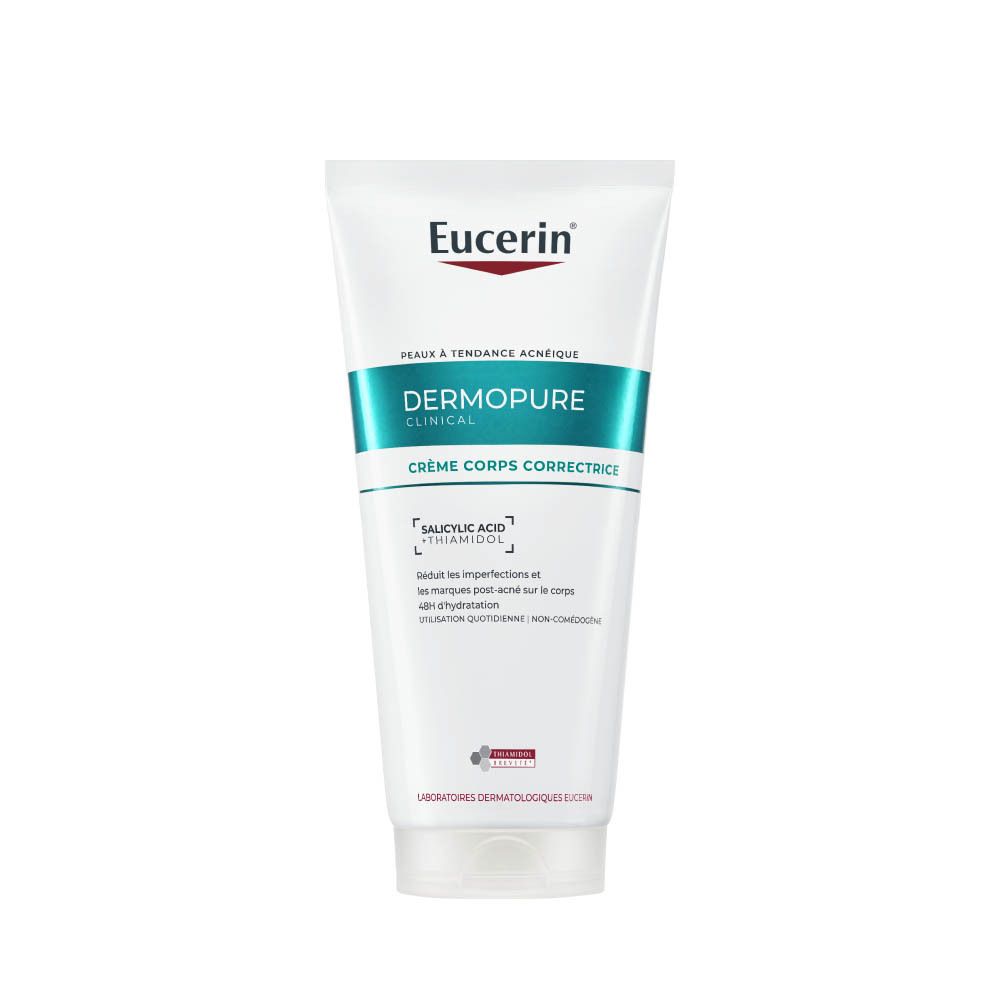Tube blanc Eucerin DERMOPURE CLINICAL Crème Corps Correctrice. Inscription et logo bleus.