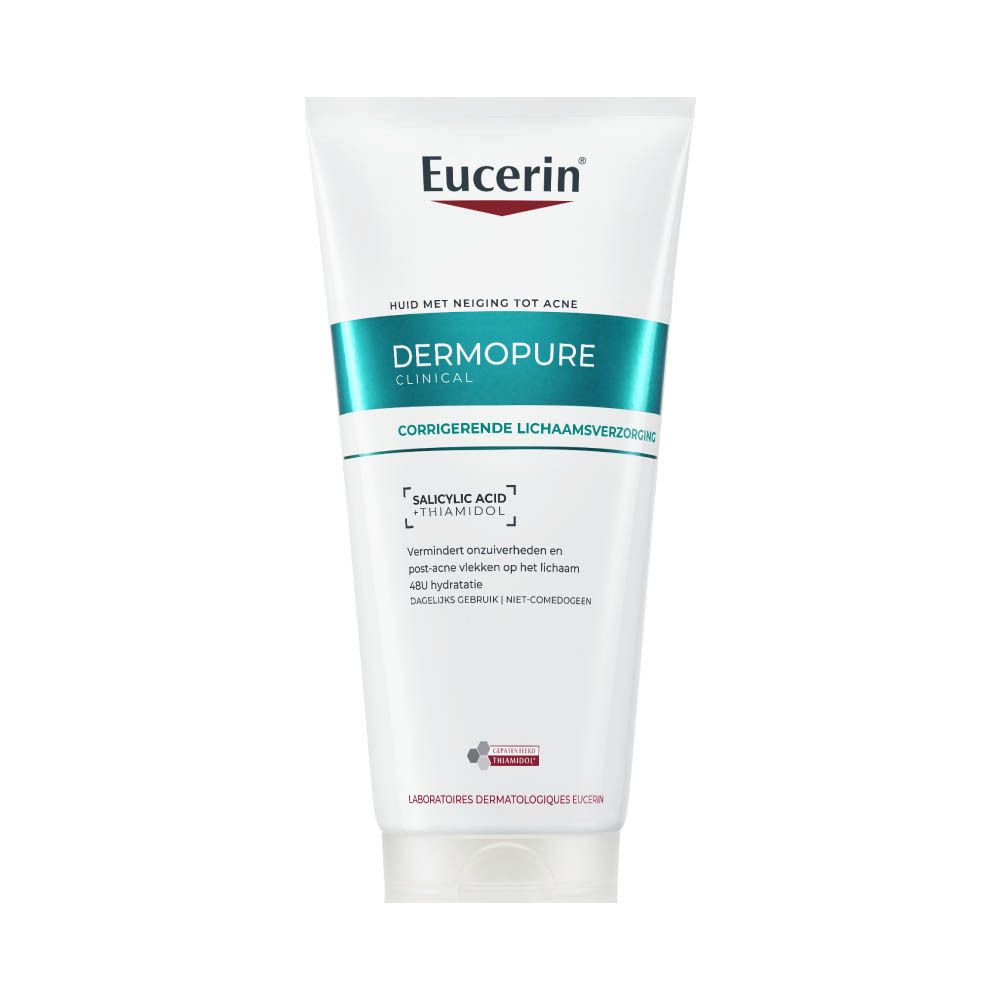 Witte tube Eucerin DERMOPURE CLINICAL Crème Corps Correctrice. Blauwe tekst en logo.