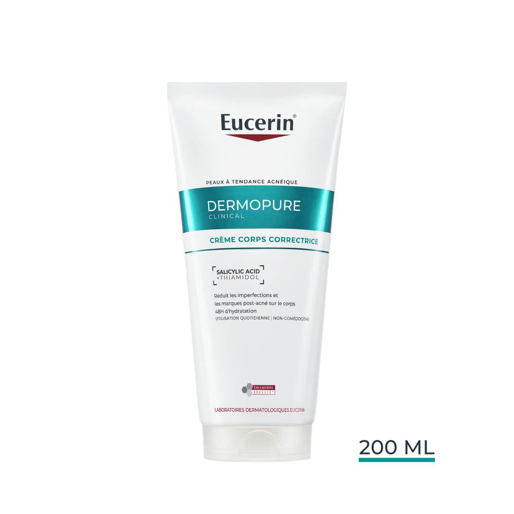 Tube blanc Eucerin DERMOPURE CLINICAL Crème Corps Correctrice. Inscription et logo bleus.