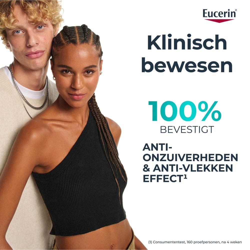 Twee personen. Tekst: Klinisch bewezen. 100% bevestigd. Anti-onzuiverheden & anti-vlekken effect.