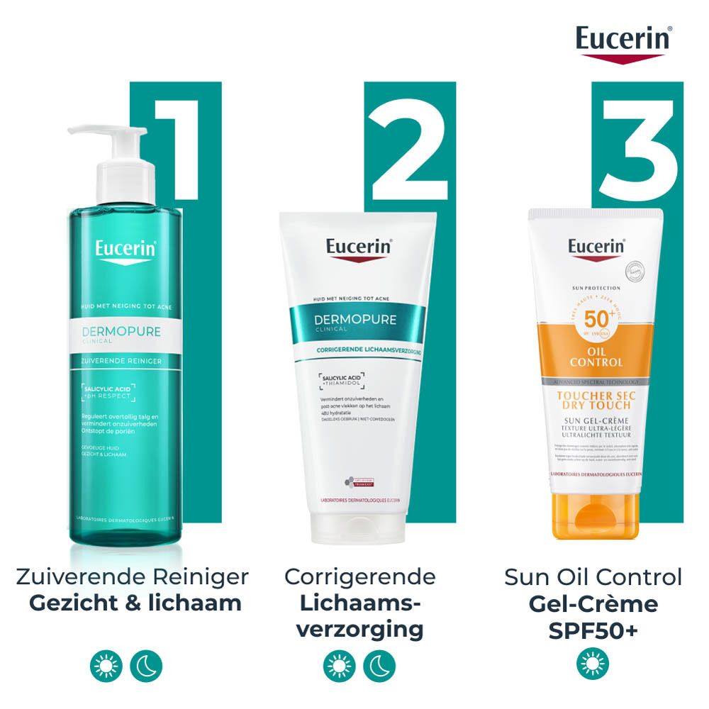 Drie producten: Zuiverende Reiniger, Corrigerende Lichaamsverzorging, Sun Oil Control Gel-Crème SPF50+. Tekst.