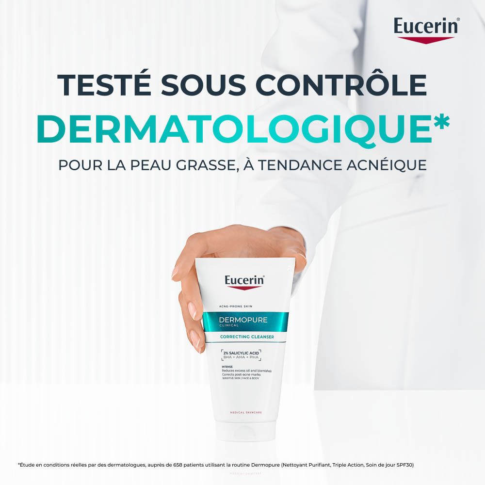 Homme avec crème sur le dos. Texte: Crème Corps Correctrice. Lutte contre les imperfections & les marques post-acné.