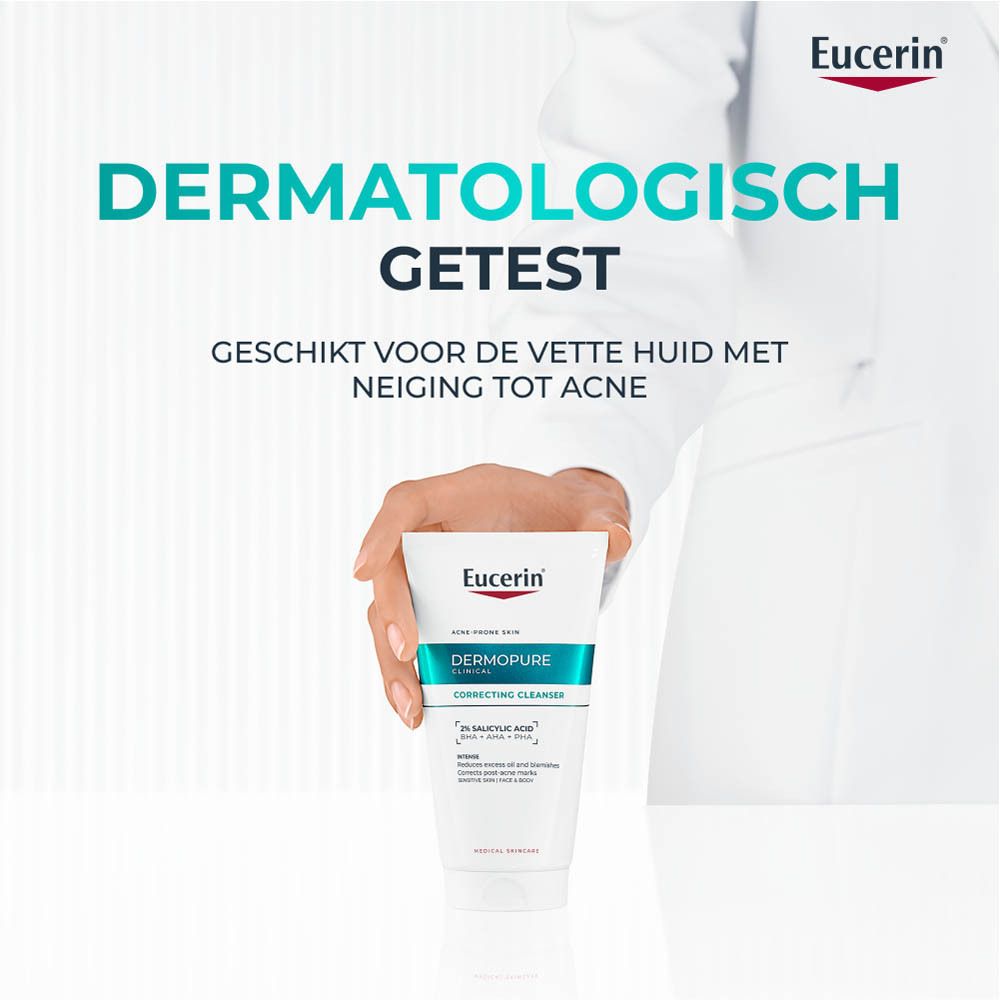 Hand houdt tube Eucerin DERMOPURE. Tekst: Dermatologisch getest. Geschikt voor de vette huid met neiging tot acne.