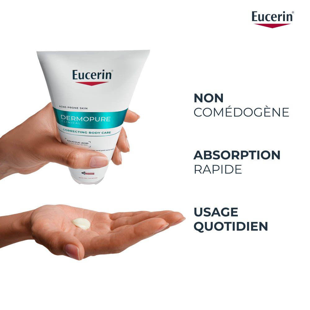Trois produits: Nettoyant Purifiant, Crème Corps Correctrice, Sun Oil Control Gel-Crème SPF50+. Texte et logo.