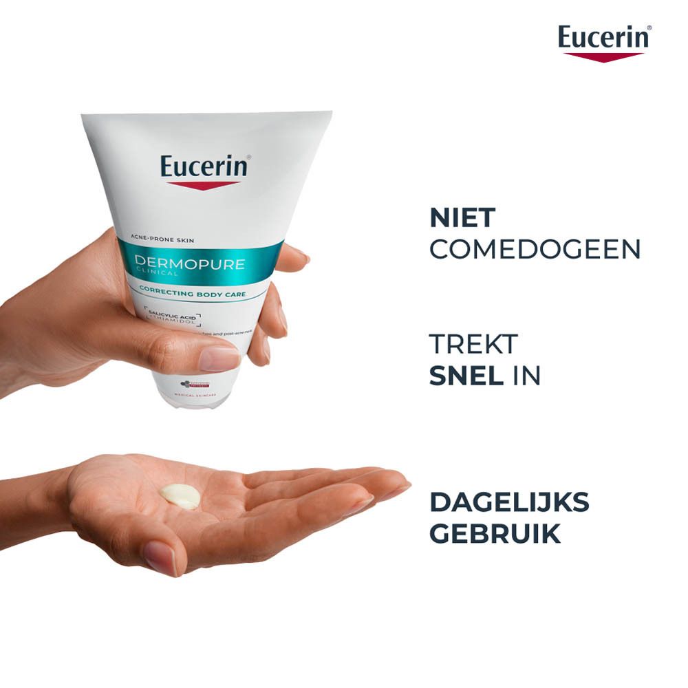 Hand houdt tube Eucerin DERMOPURE. Tekst: Niet comedogeen. Trekt snel in. Dagelijks gebruik.