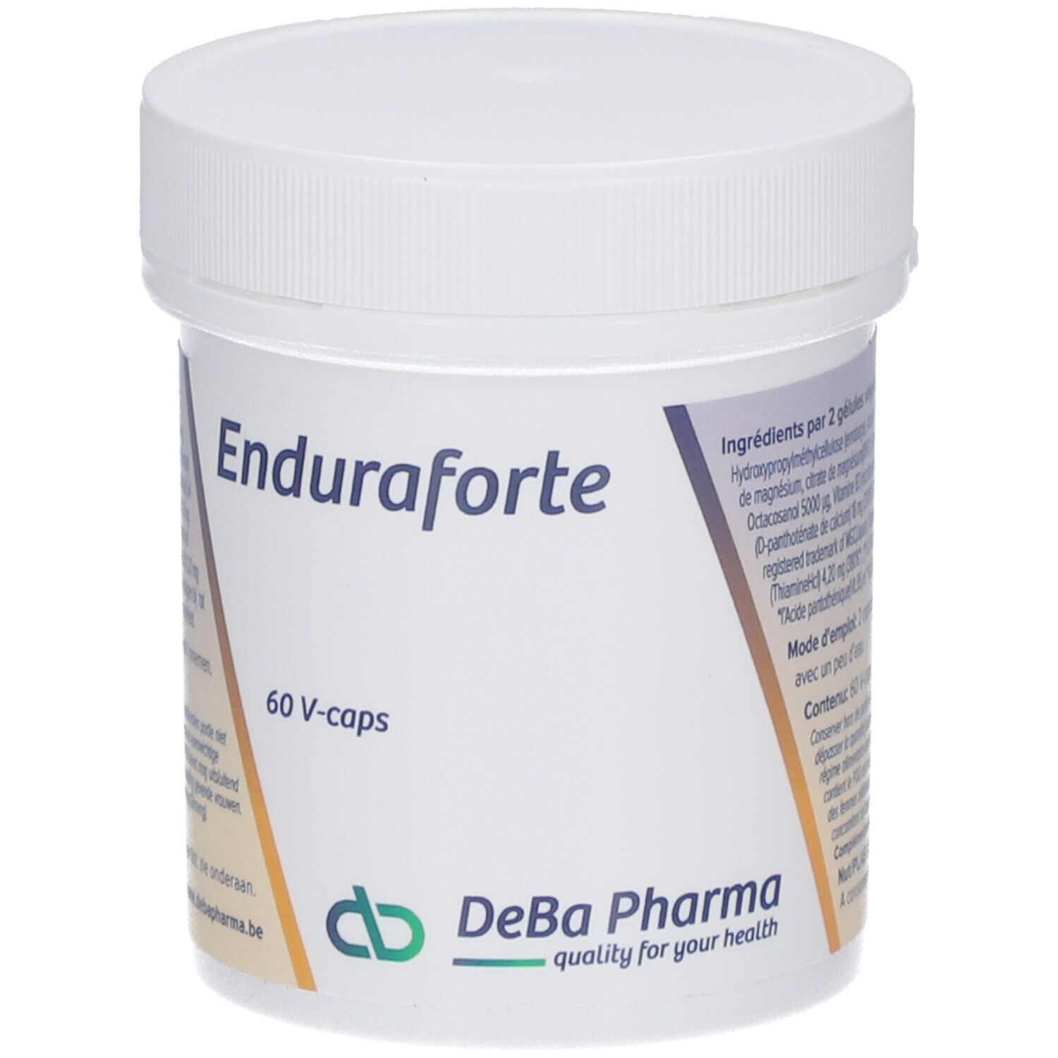 Pot en plastique blanc avec couvercle. Inscription: Enduraforte, 60 V-caps. Logo DeBa Pharma.