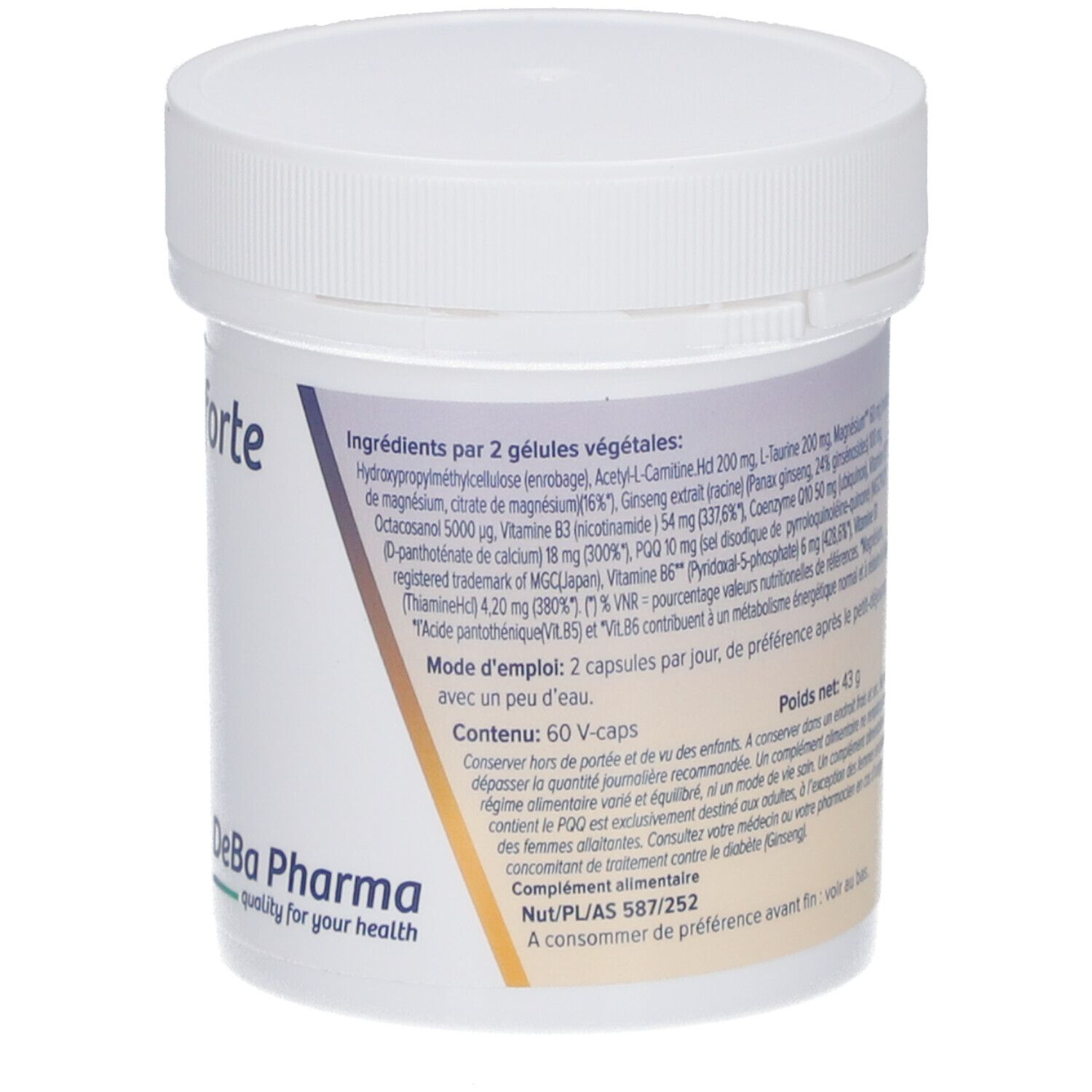 Dos du pot en plastique blanc. Liste des ingrédients, contenu, poids. Logo DeBa Pharma.