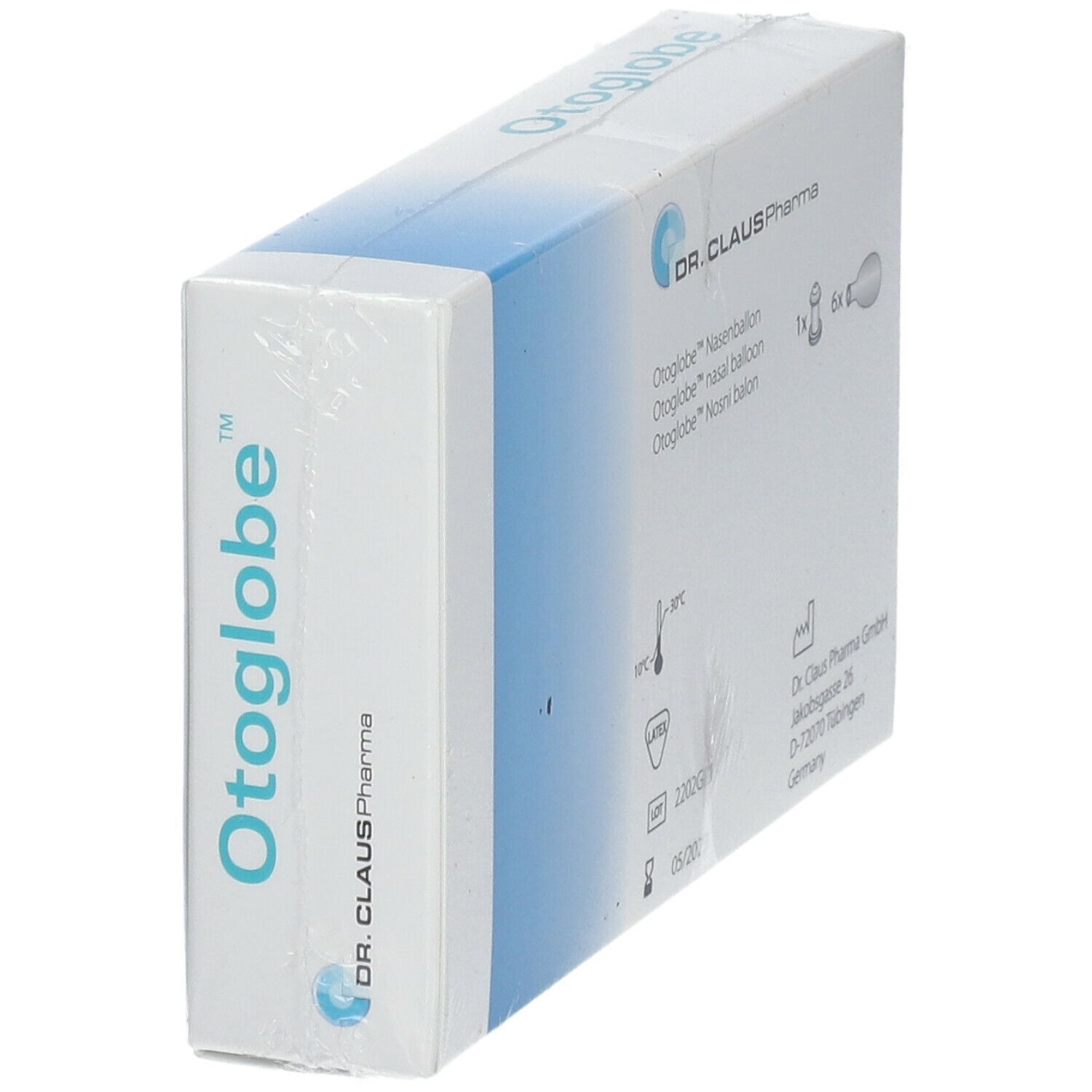 Emballage Otoglobe. Boîte blanche avec accent bleu. Inscriptions "Otoglobe" et "DR. CLAUS Pharma".