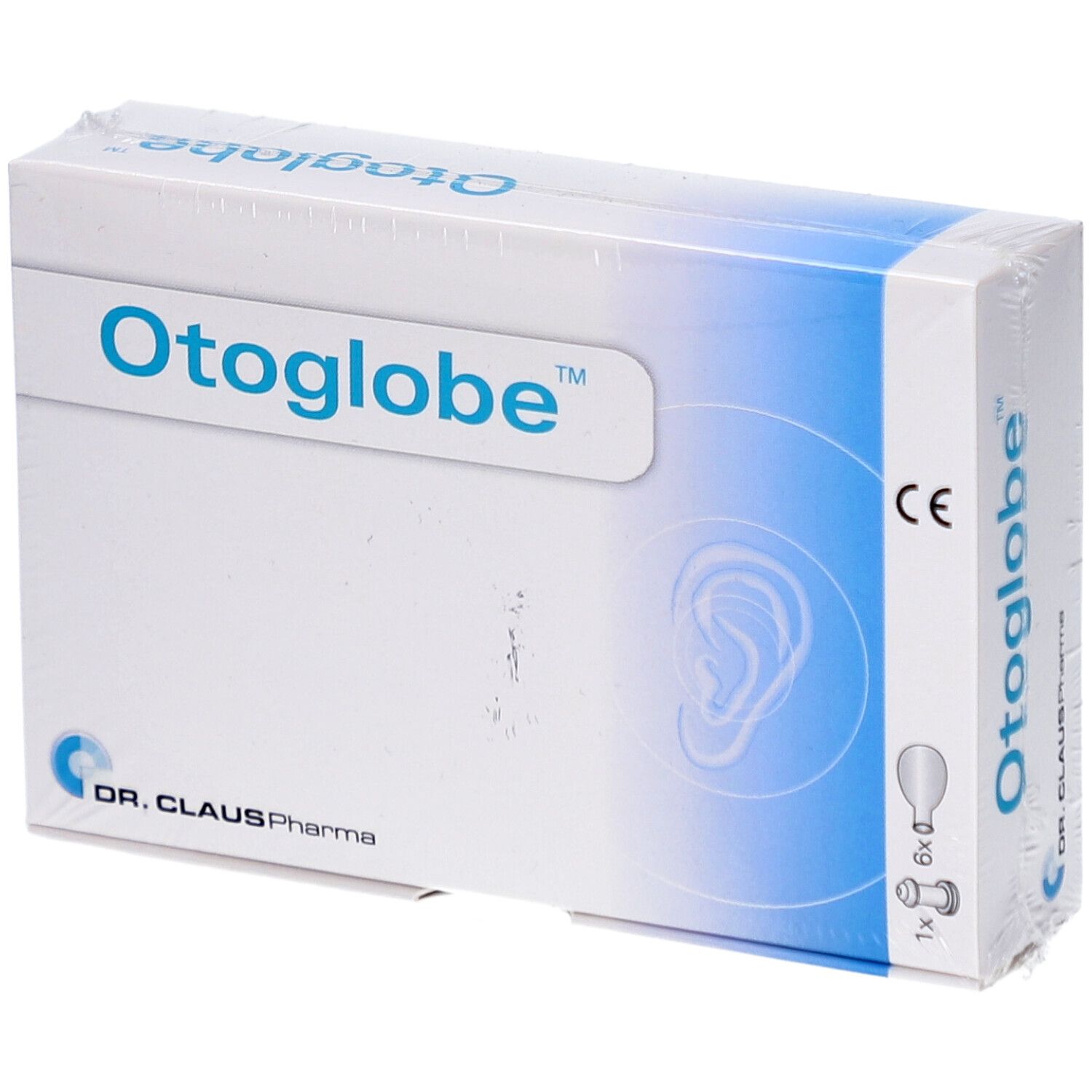 Verpakking van Otoglobe. Opschrift Otoglobe, Dr. Claus Pharma. Bevat 1 attache en 6 ballonnen. CE-markering.