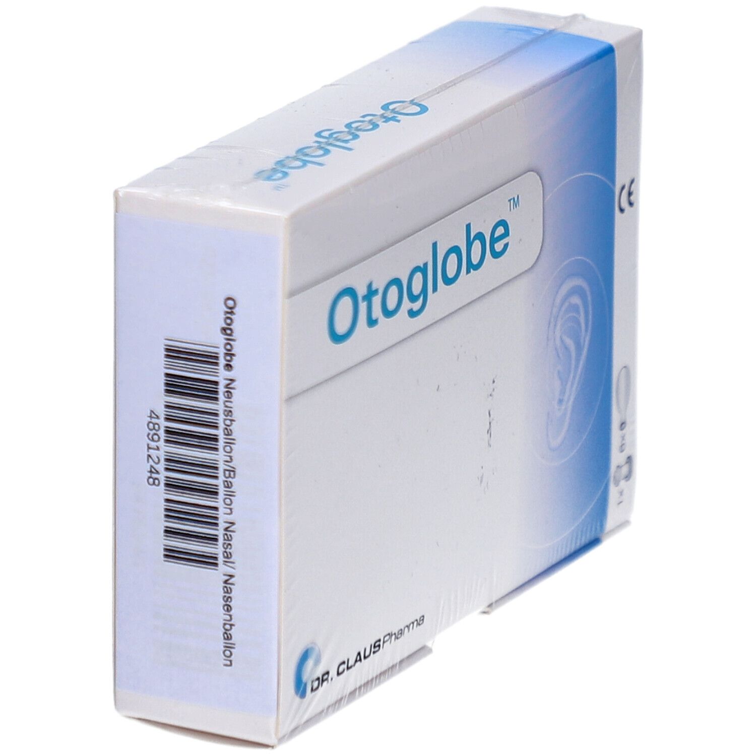 Verpakking van Otoglobe. Opschrift Otoglobe, Dr. Claus Pharma. Barcode en productnaam. CE-markering.