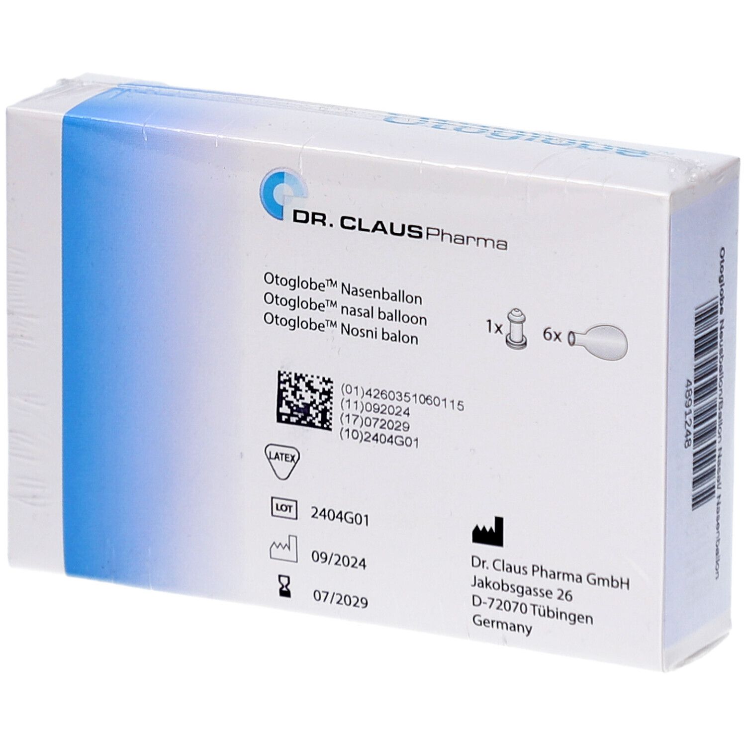 Verpakking van Otoglobe. Opschrift Otoglobe, Dr. Claus Pharma. Bevat 1 attache en 6 ballonnen. Latex-symbool.