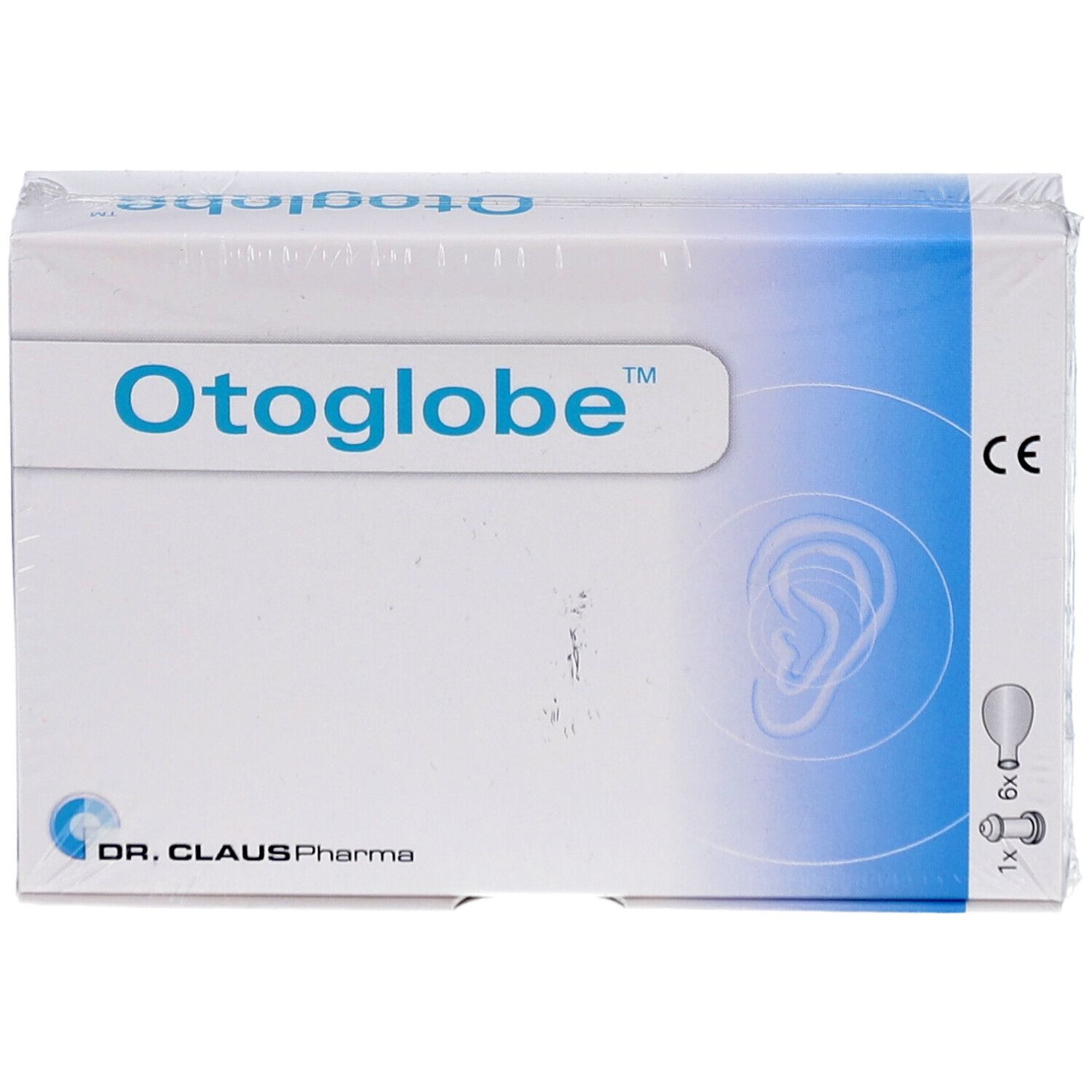 Verpakking van Otoglobe. Opschrift Otoglobe, Dr. Claus Pharma. Bevat 1 attache en 6 ballonnen. CE-markering.