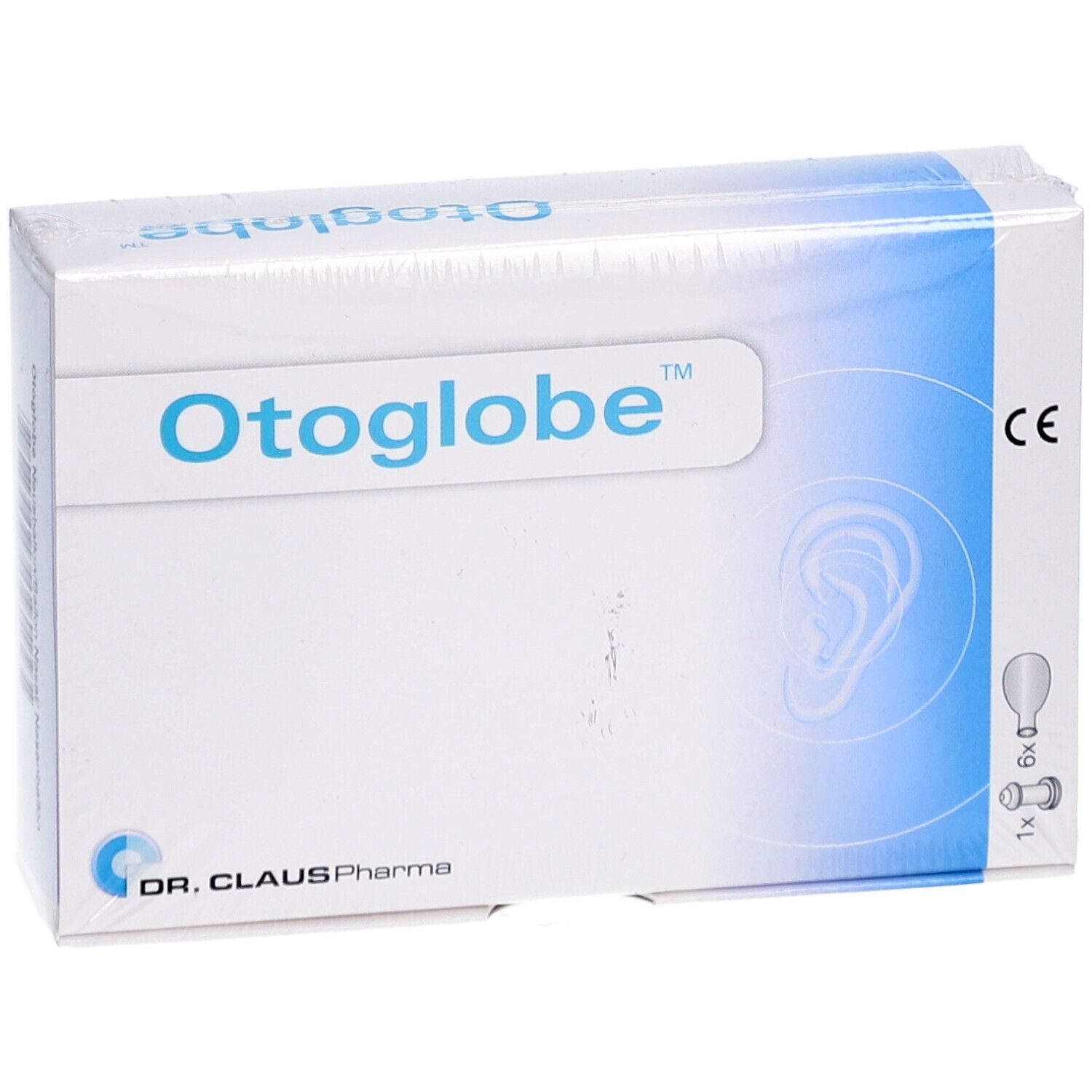 Verpakking van Otoglobe. Opschrift Otoglobe, Dr. Claus Pharma. Bevat 1 attache en 6 ballonnen. CE-markering.