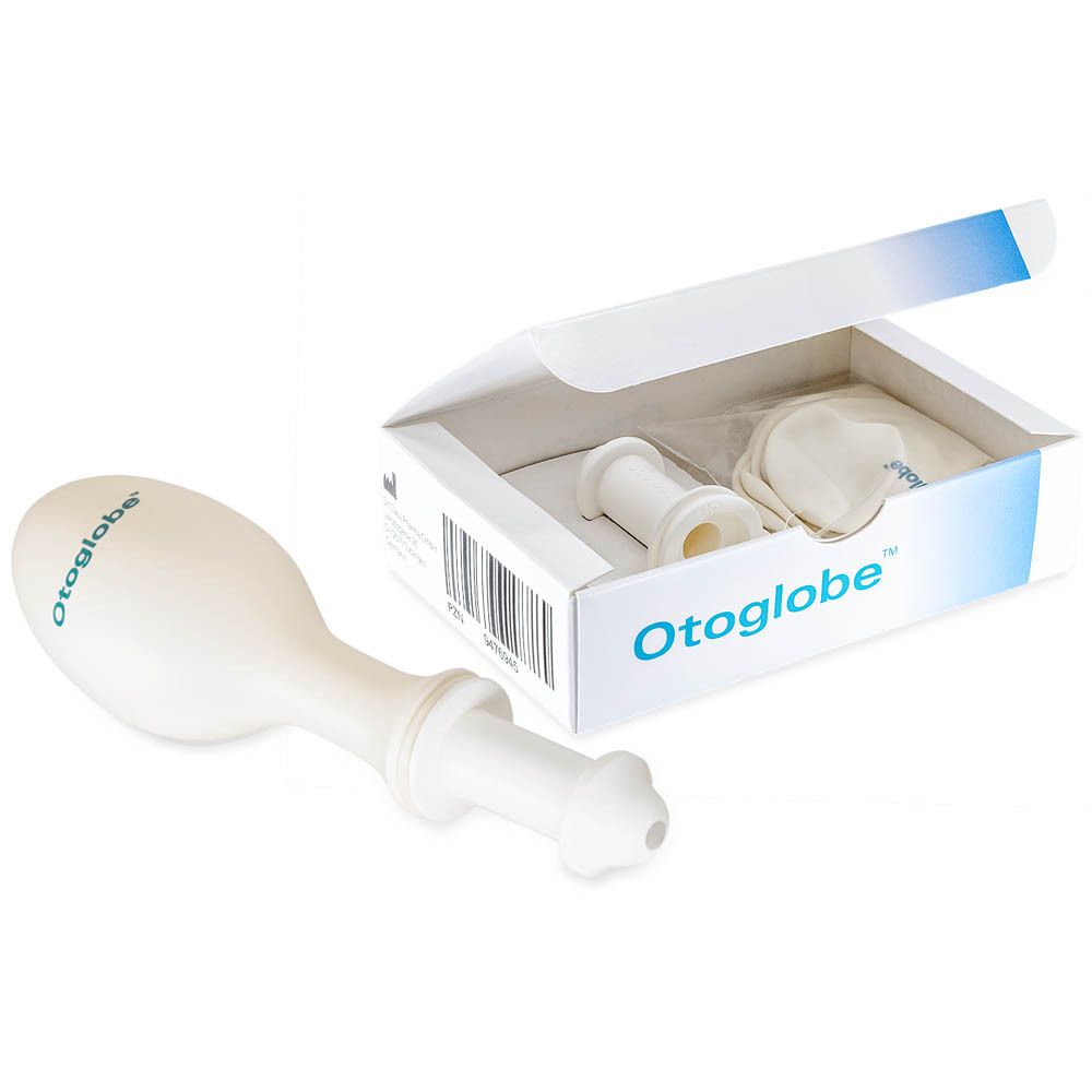 Dispositif nasal Otoglobe blanc avec accessoires dans une boîte. Le nom "Otoglobe" est visible sur la boîte.