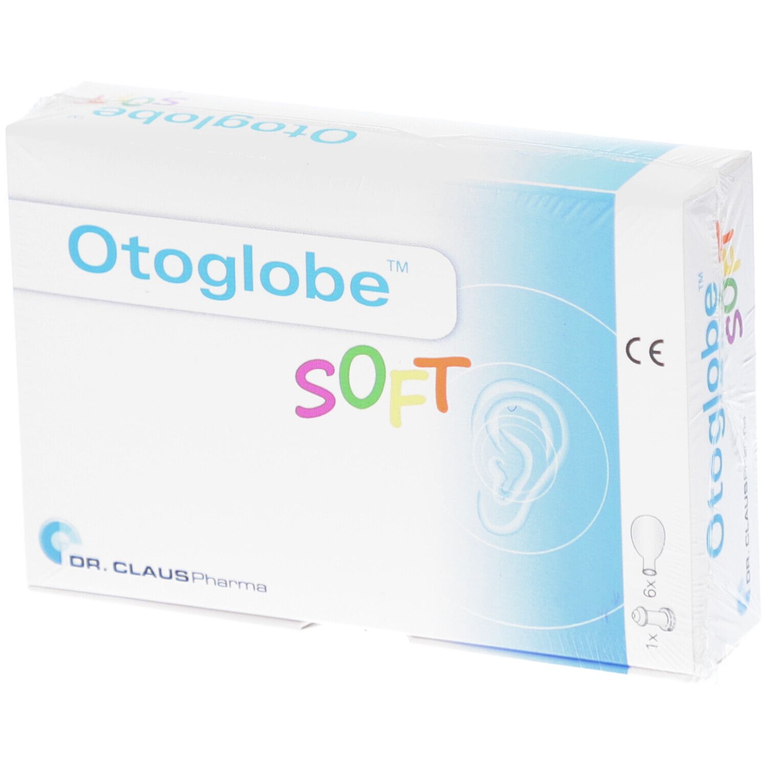 Verpakking van Otoglobe Soft. Witte doos met productnaam en logo. Bevat 1 attache en 6 ballonnen. CE-markering.