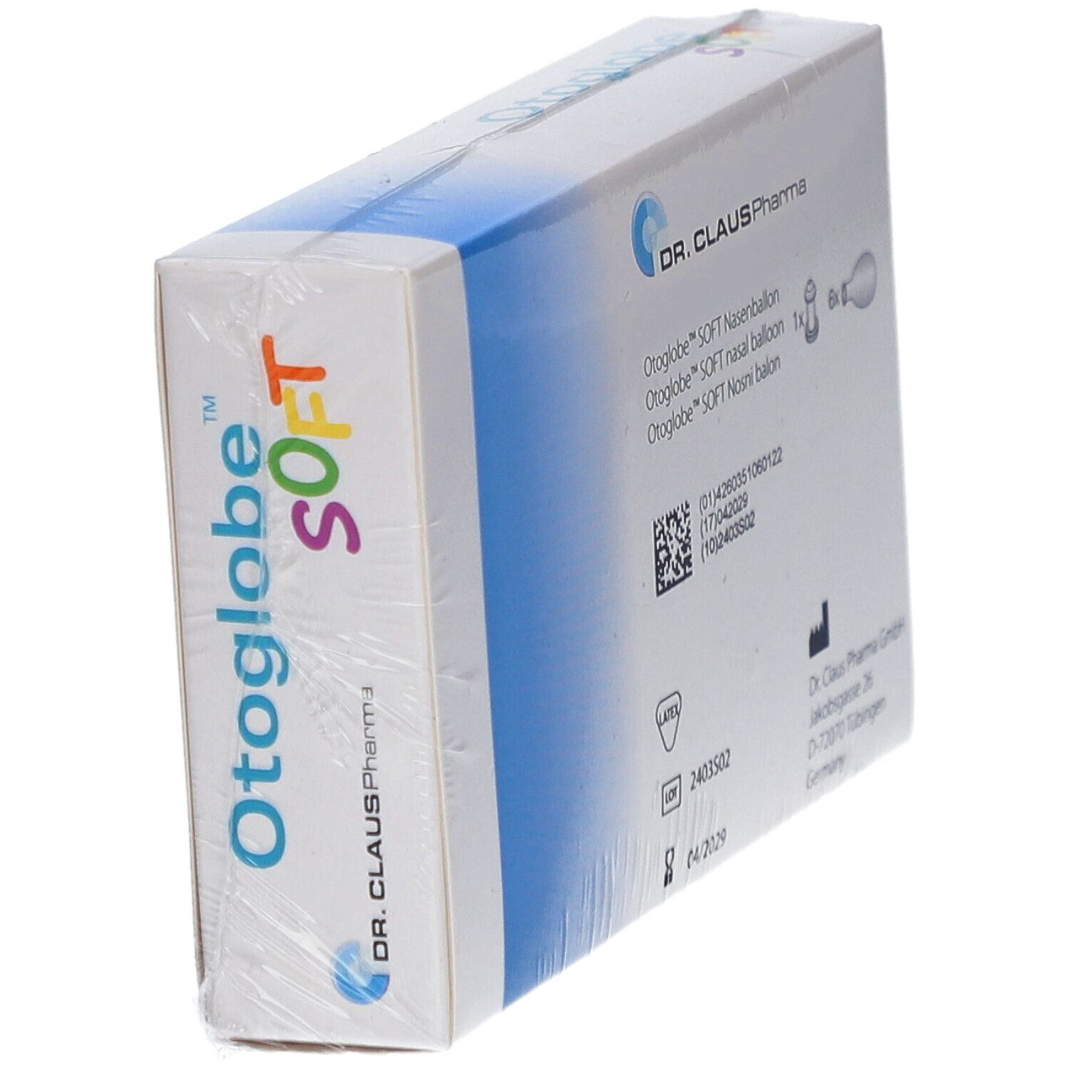 Otoglobe Soft verpakking. Schuin aanzicht. Productnaam, logo en fabrikantenlogo zichtbaar. Verpakt in folie.