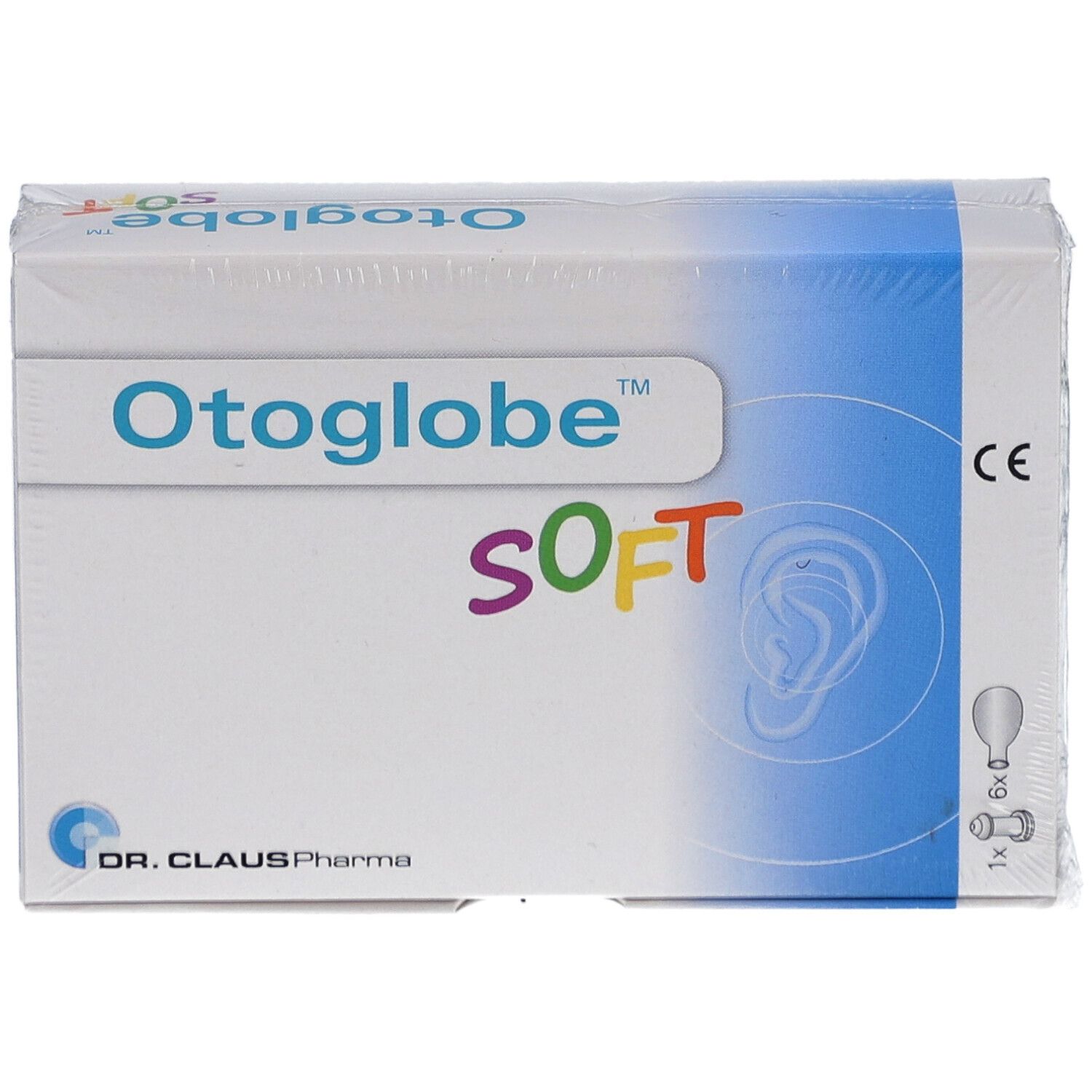 Otoglobe Soft verpakking. Vooraanzicht. Productnaam, logo en CE-markering. Bevat 1 attache en 6 ballonnen.