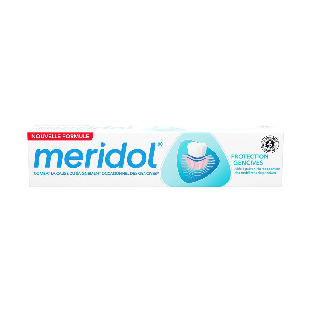 Tube de dentifrice Meridol, emballage blanc et bleu. Inscription "Protection Gencives" visible.
