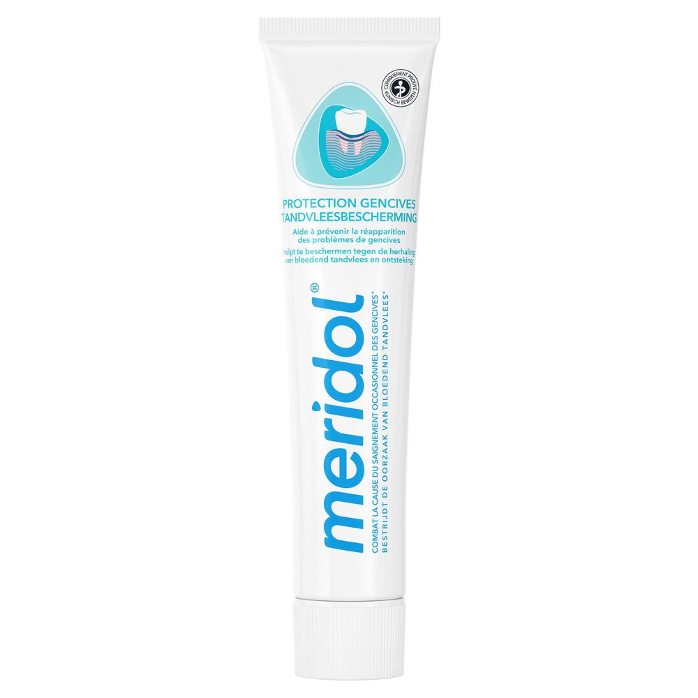 Tube de dentifrice. Blanc avec logo bleu. "meridol" et "Protection Gencives" visibles. Inscription : "Combattre la cause..."