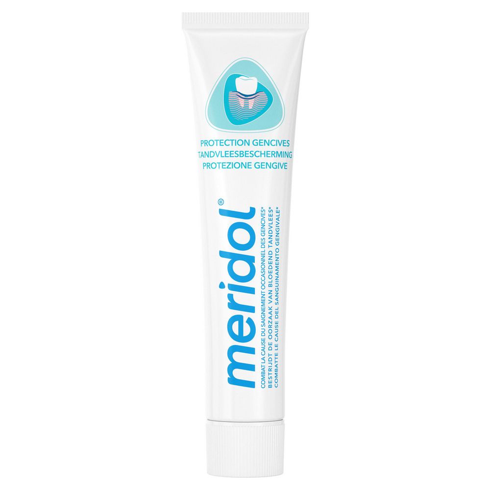 Tube de dentifrice meridol®. Inscription: Protection gencives. Couleurs: bleu et blanc.