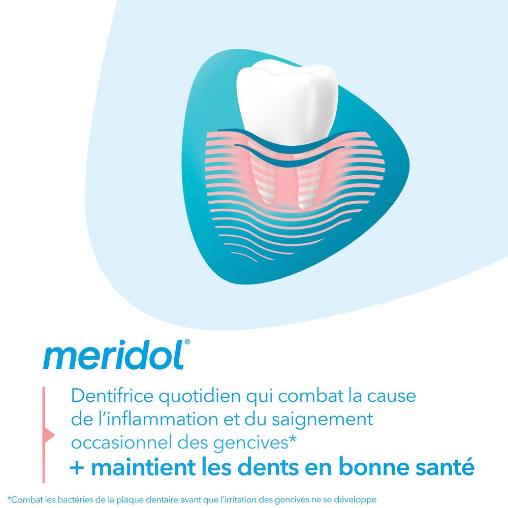 Dentifrice, bain de bouche et brosse à dents. Inscription: meridol®. Texte: Protection gencives. Bleu et blanc.