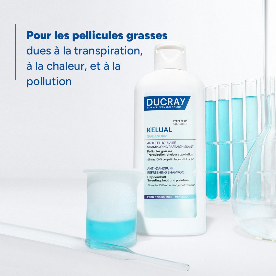 Produit à côté de tubes à essai. Texte: Pour les pellicules grasses dues à la transpiration, à la chaleur et à la pollution.