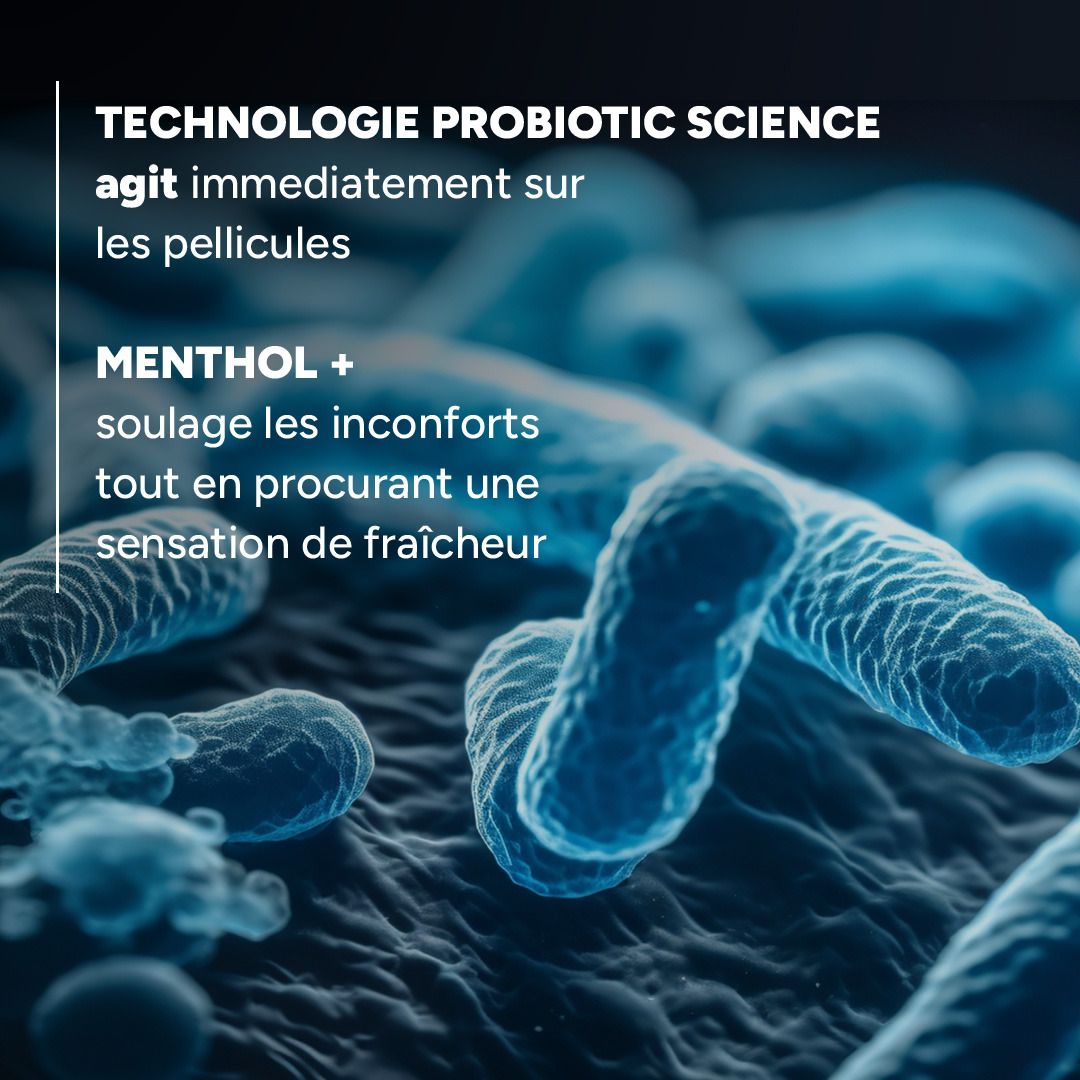 Micro-organismes. Texte: Technologie PROBIOTIC SCIENCE agit immédiatement sur les pellicules.