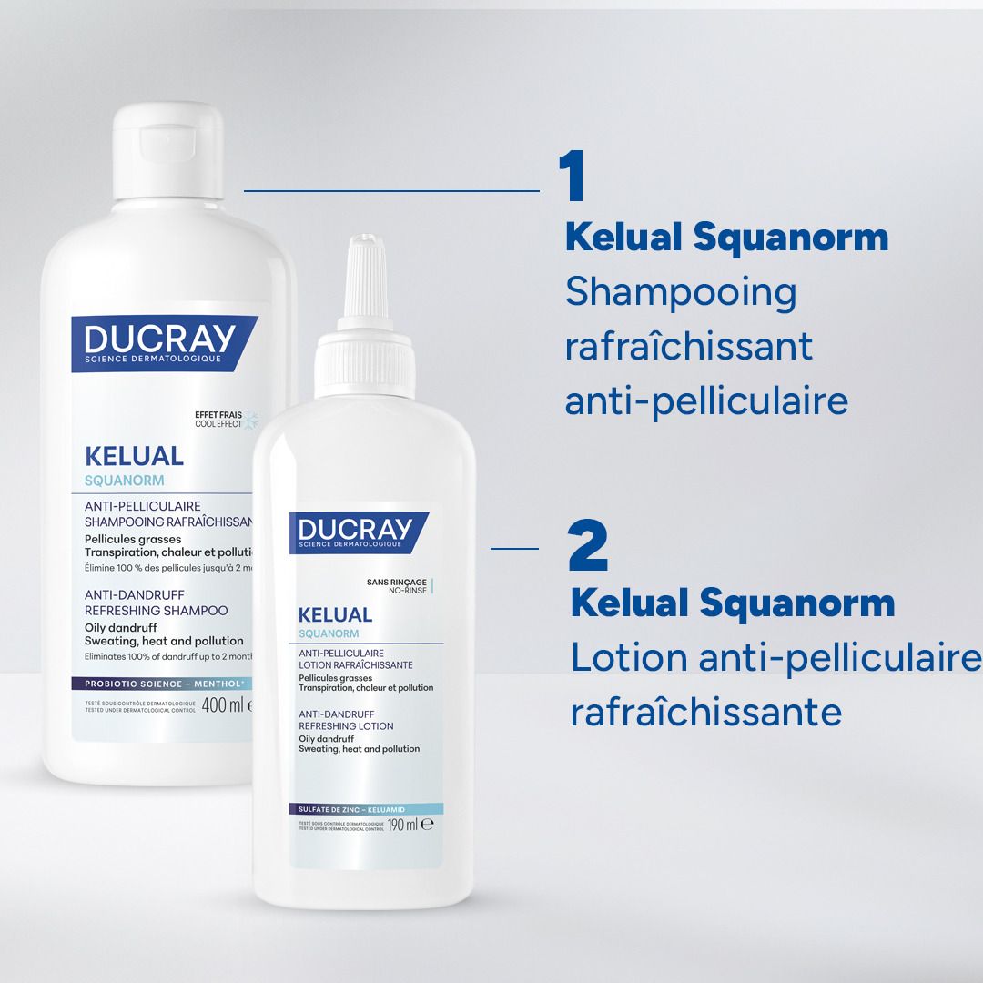 Deux produits. Texte: 1. Kelual Squanorm Shampooing, 2. Kelual Squanorm Lotion.