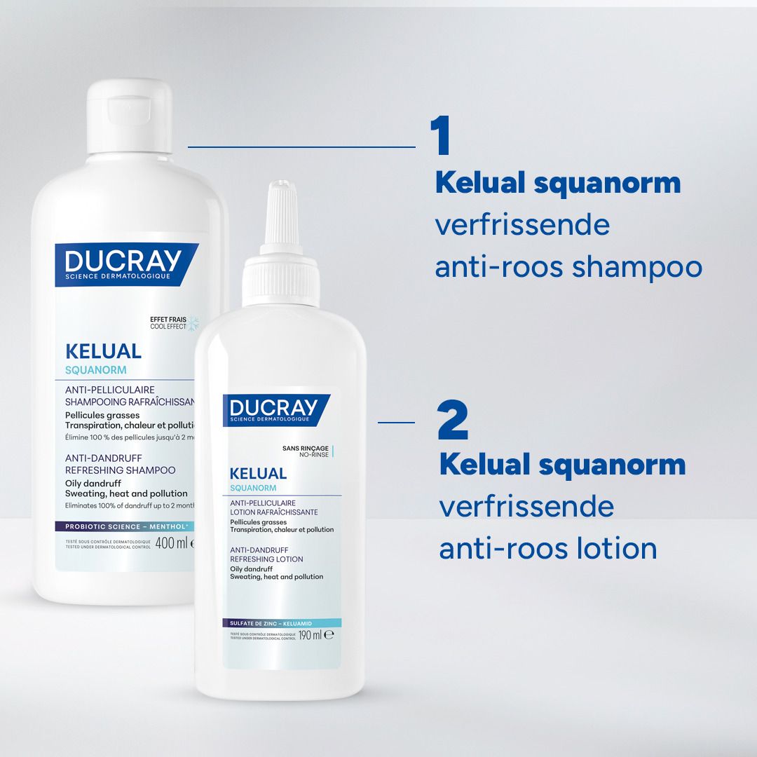 Twee producten. Tekst: 1. Kelual squanorm shampoo, 2. Kelual squanorm lotion.