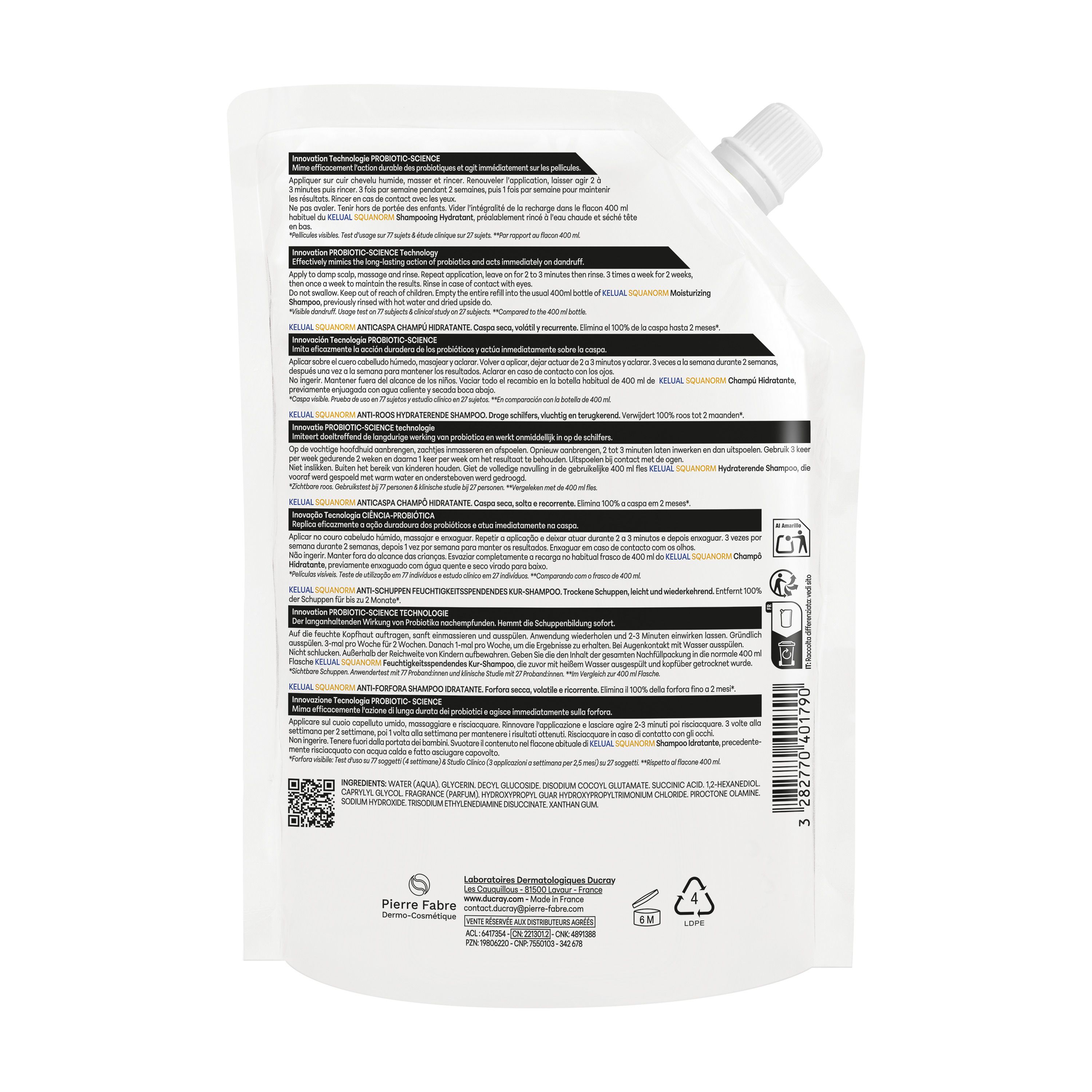 Achterkant van de shampoo navulling. Witte zak met tekst en informatie. Bevat informatie over het product.