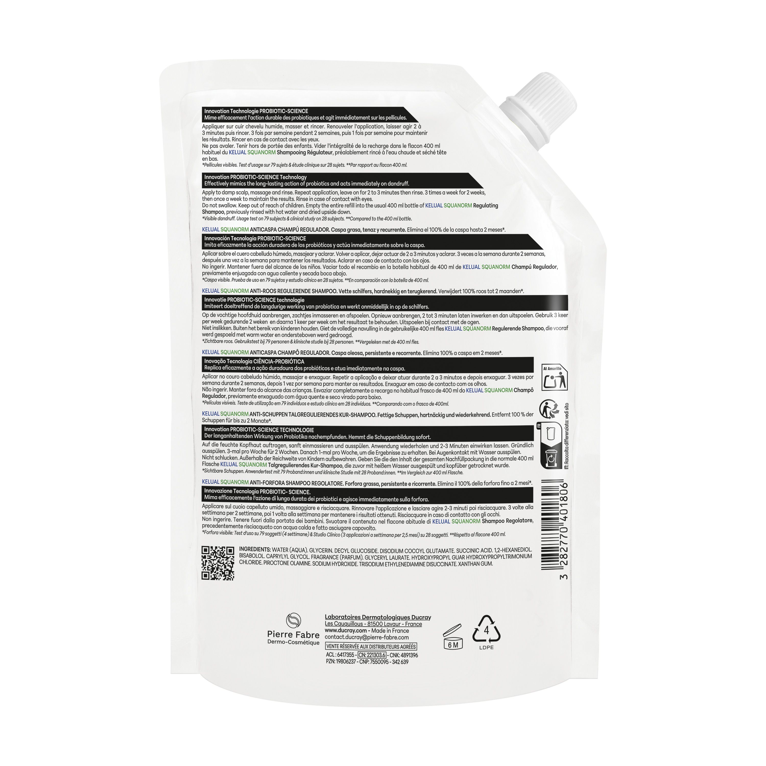 Dos de la recharge. Texte multilingue. Informations fabricant et ingrédients. Emballage blanc.