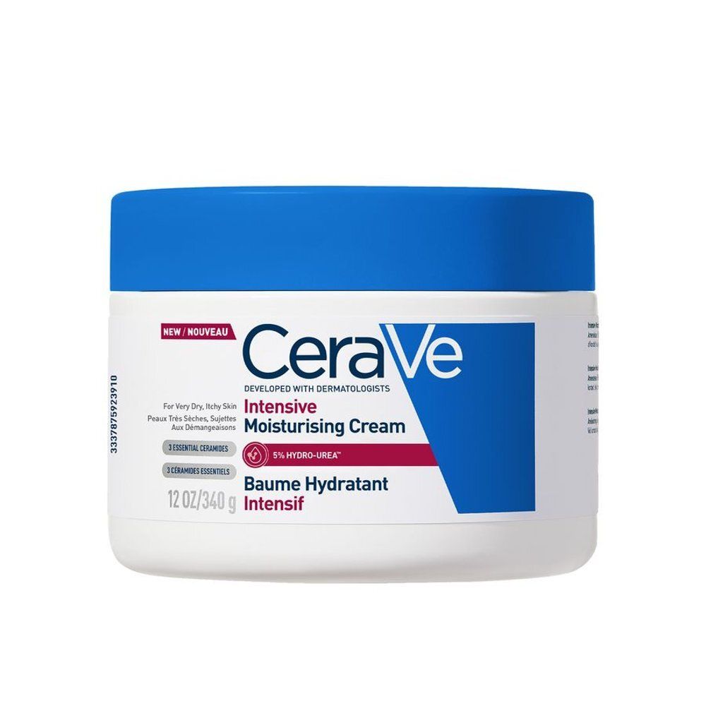 Pot de crème CeraVe Intensive, couvercle bleu. Inscription : Moisturising Cream. 12 oz/340 g.