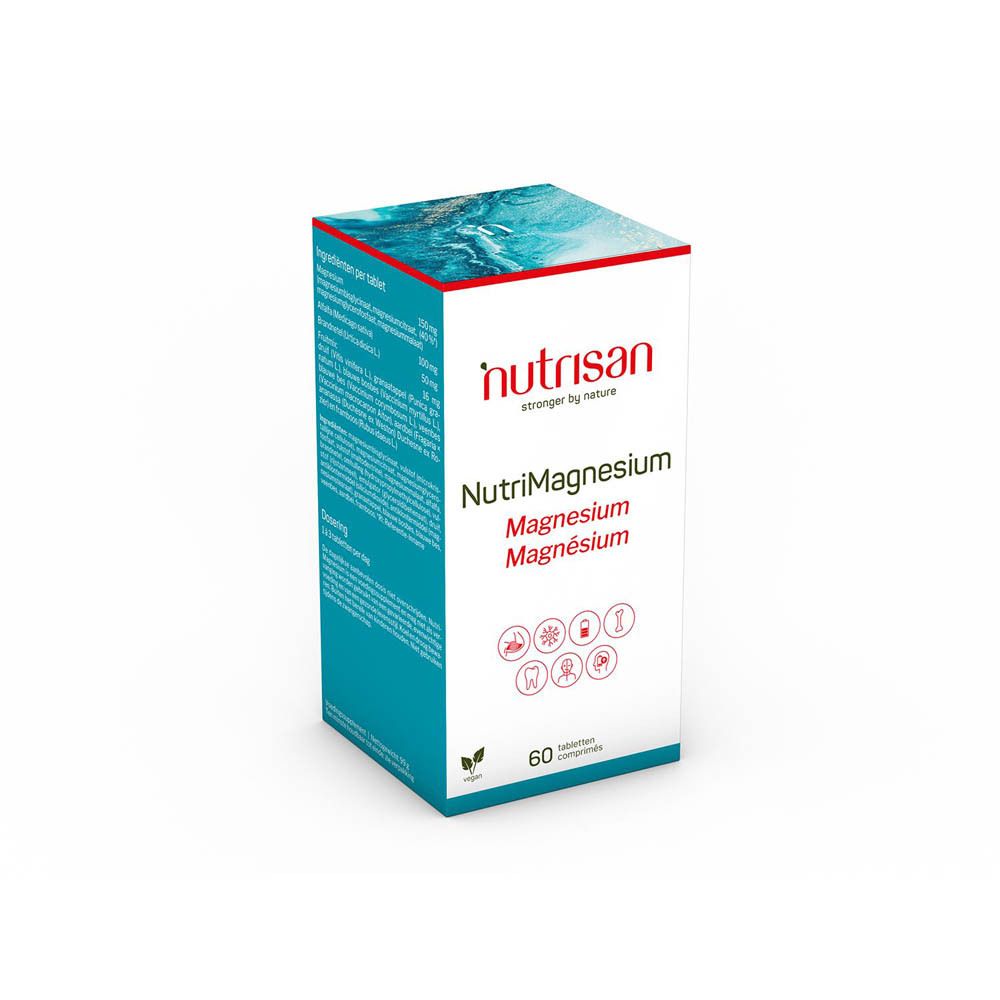 Productverpakking. Opschrift: Nutrisan NutriMagnesium, 60 tabletten. Verpakking met productafbeeldingen en logo's.