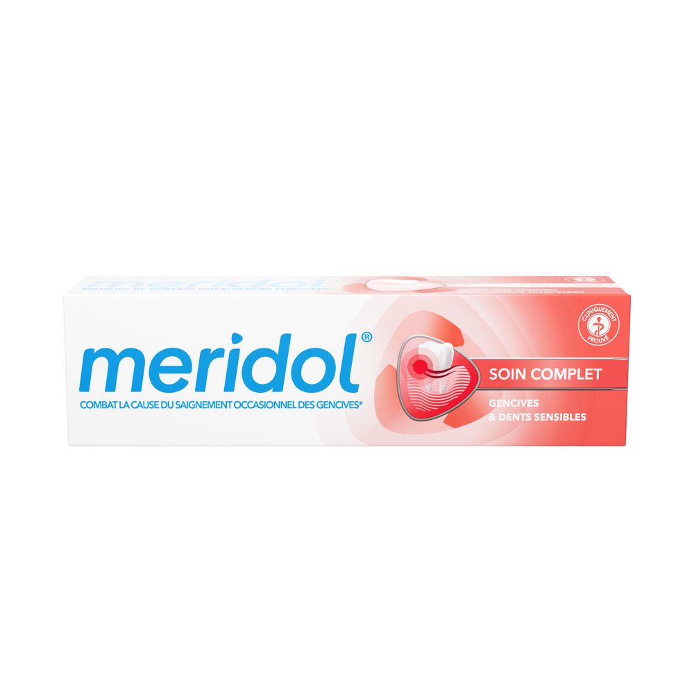 Witte doos met 'meridol' en rood logo. Tekst: 'Soin complet gencives & dents sensibles'.