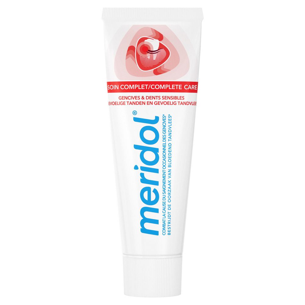 Tube de dentifrice avec logo "meridol". Texte : "Soin Complet Gencives & Dents Sensibles".