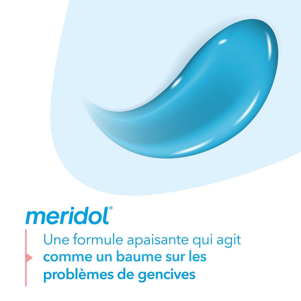 Fond bleu avec logo "meridol". Texte : "Une formule apaisante qui agit comme un baume..."