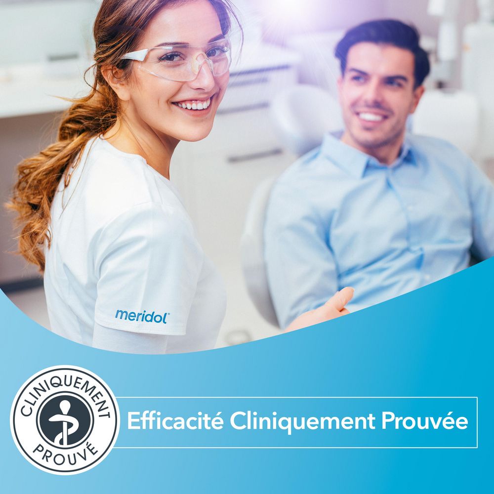 Dentiste et patient. Logo "meridol". Texte : "Efficacité Cliniquement Prouvée".