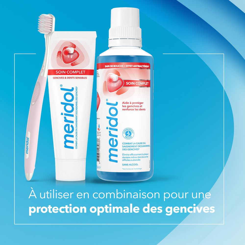 Brosse à dents, dentifrice et bain de bouche. Logo et texte « meridol ». Texte : « Soin complet ».