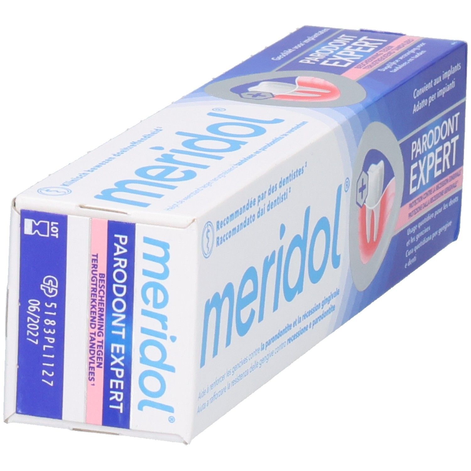 Tandpastaverpakking, blauw-wit. Opschrift: meridol, Parodont Expert. Bescherming tegen terugtrekkend tandvlees.