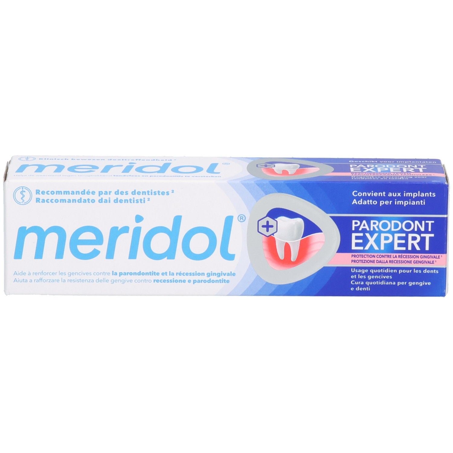 Tandpastatube in witte verpakking. Opschrift: meridol, Parodont Expert. Aanbevolen door tandartsen.