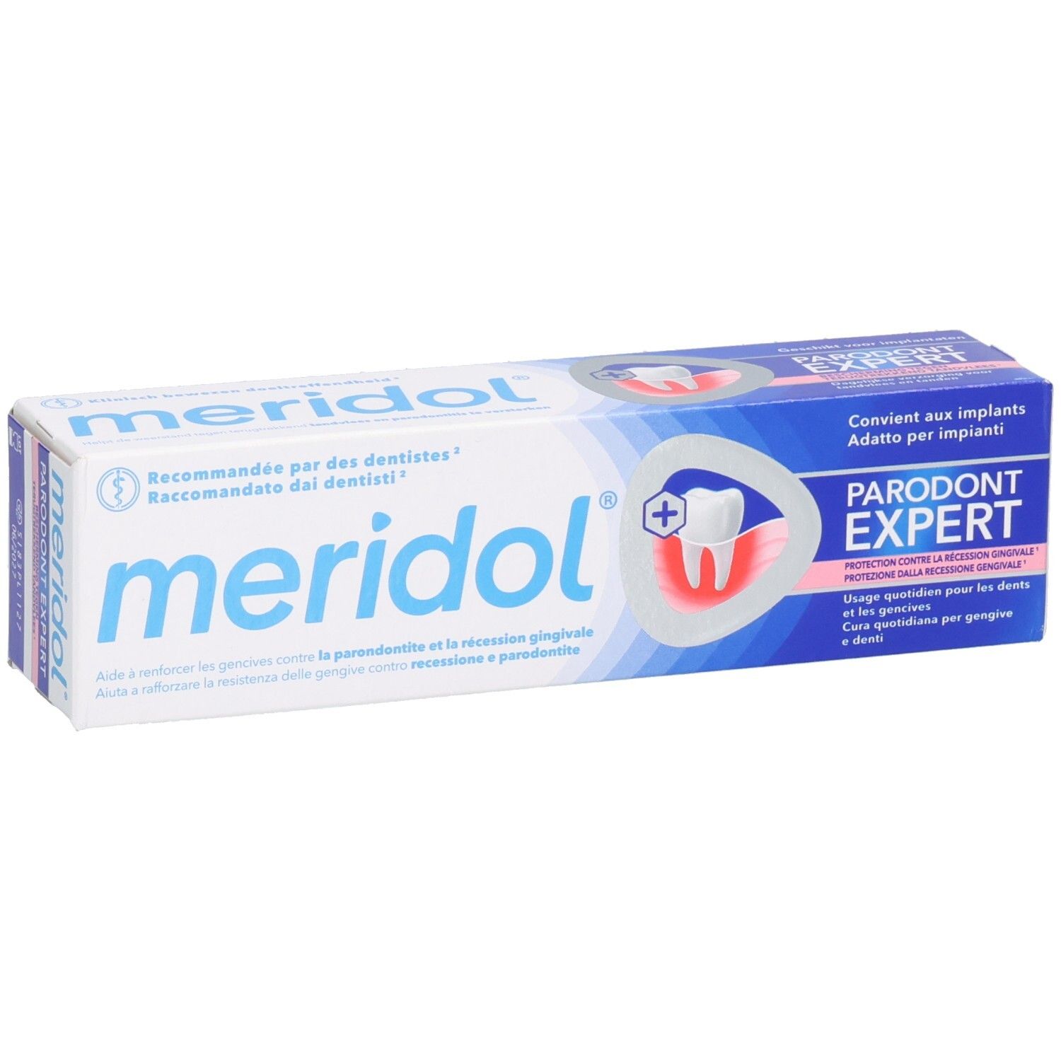 Tandpastatube in witte verpakking. Opschrift: meridol, Parodont Expert. Aanbevolen door tandartsen.