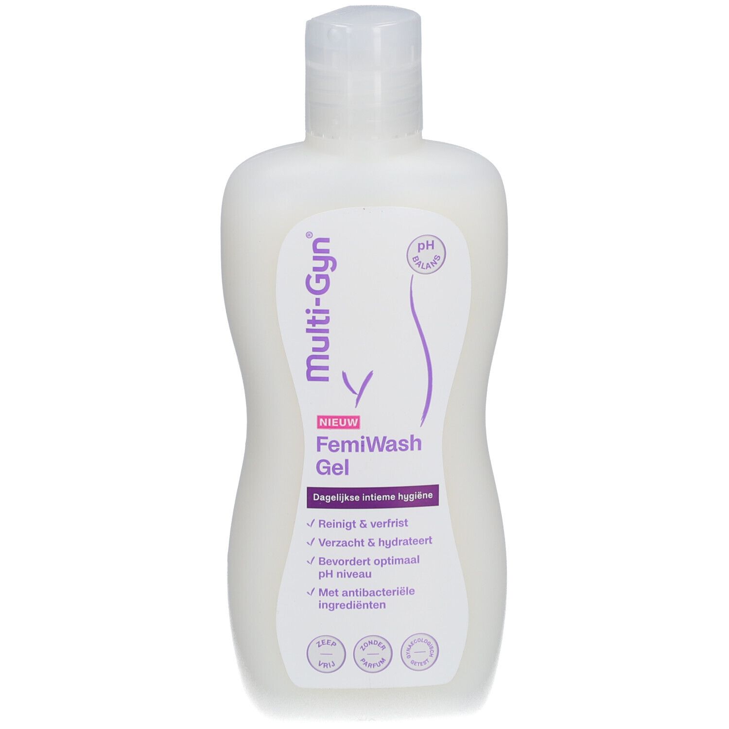 Witte fles met witte dop. Opschrift: Multi-Gyn FemiWash Gel. Paarse accenten. pH-gebalanceerd.