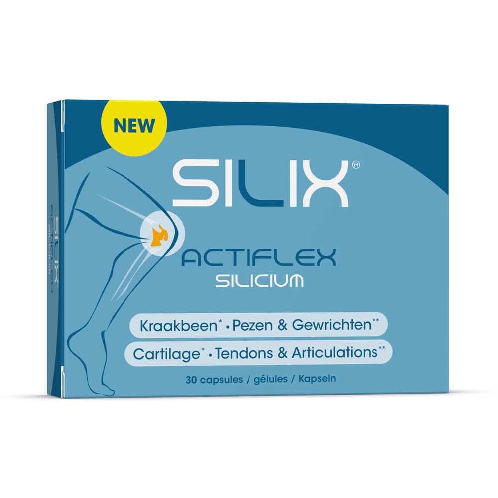 Blauwe doos 'SILIX Actiflex Silicium'. Illustratie knie. '30 capsules'. Label 'NEW'.