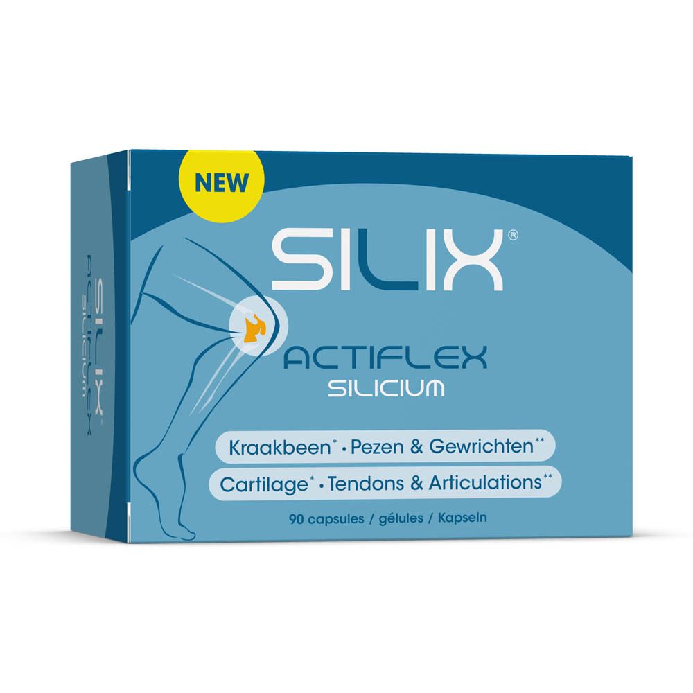 Boîte bleu et blanche avec le nom du produit SILIX Actiflex Silicium. Contient 90 gélules. Inscription : Cartilage, Tendons & Articulations.