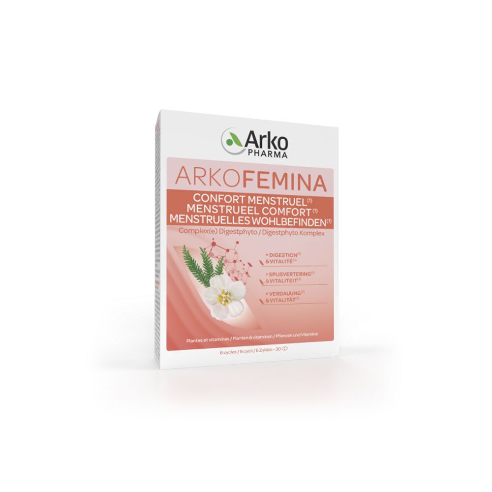 Verpakking van Arkofemina. Tekst: Confort Menstruel, Digestphyto Komplex. Logo Arkopharma. Witte doos met rood ontwerp.