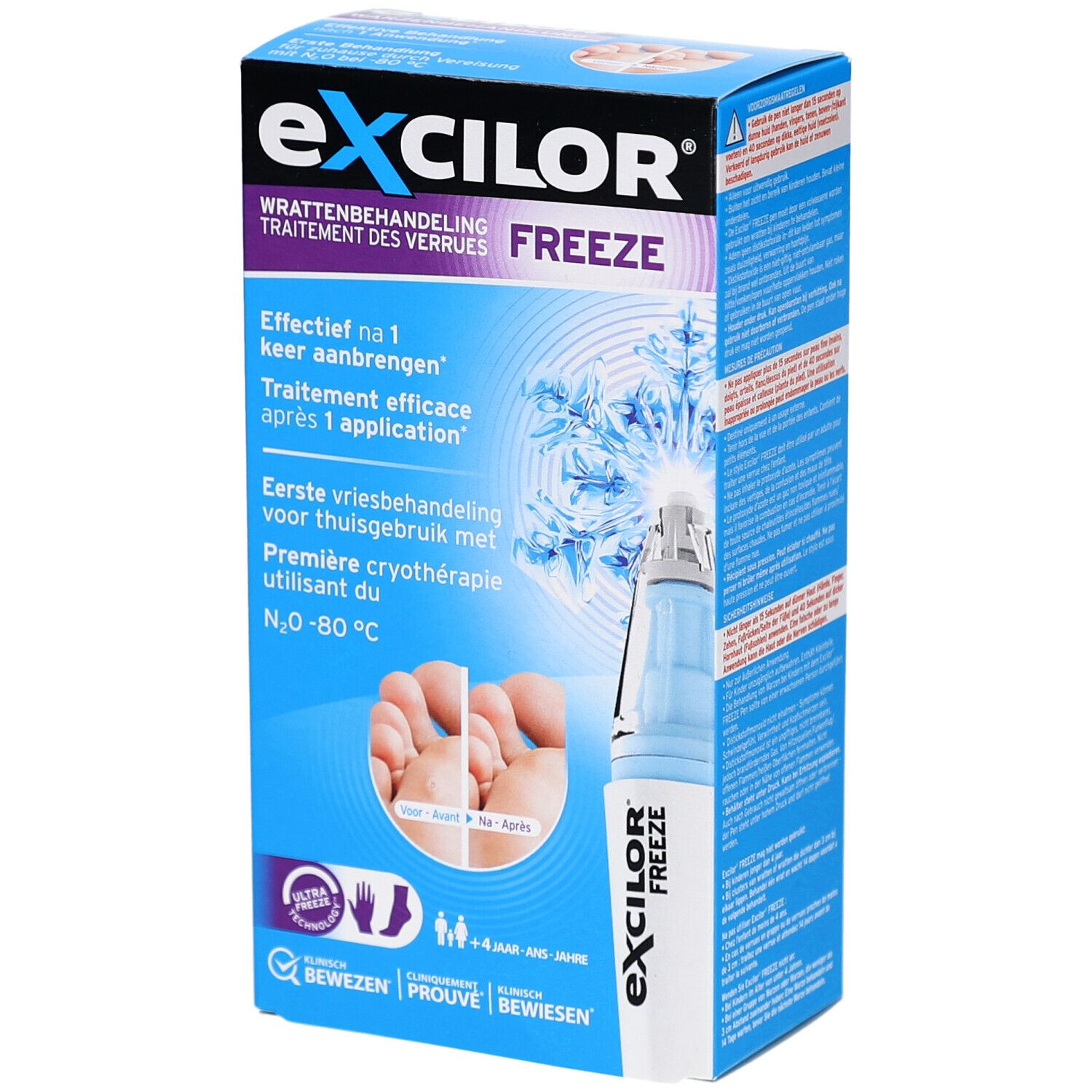 Blauw-witte verpakking met productafbeelding en tekst. Bevat het woord "FREEZE". Toont voeten voor en na de behandeling.